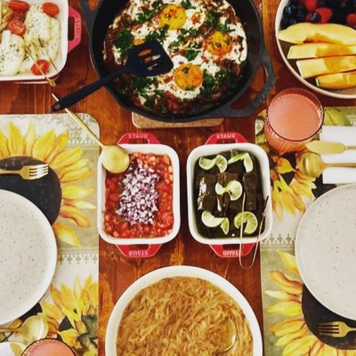 a dish is filled with food sitting on a table