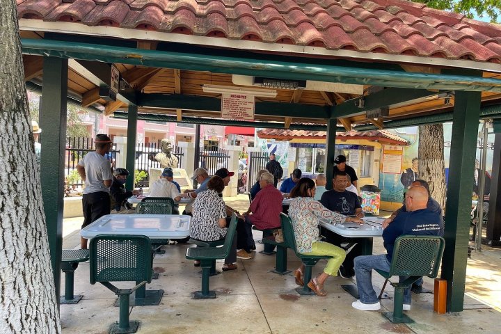 a group of people sitting at a table in front of a building